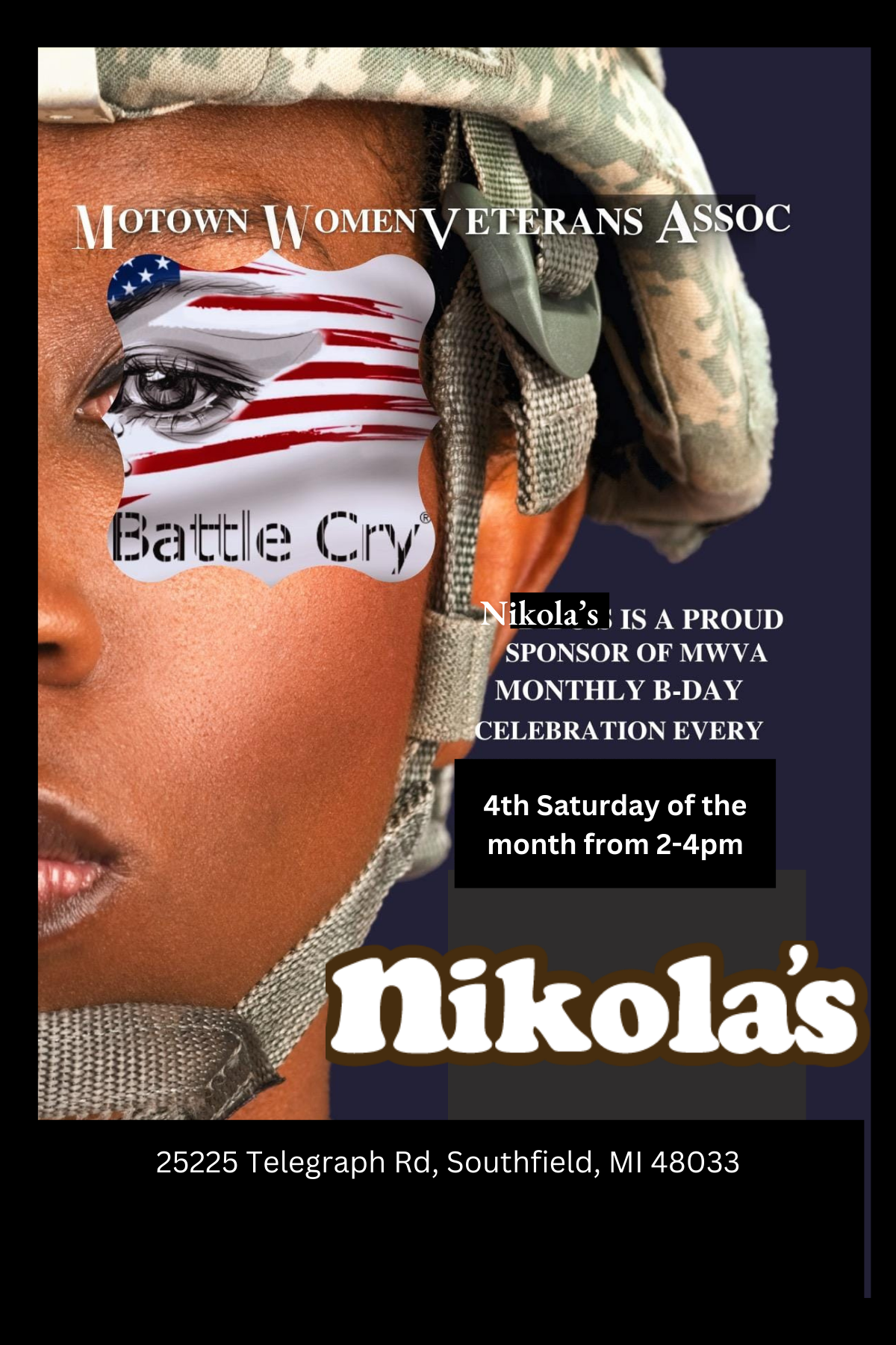 Nikola's birthday club flyer with female army sergeant.