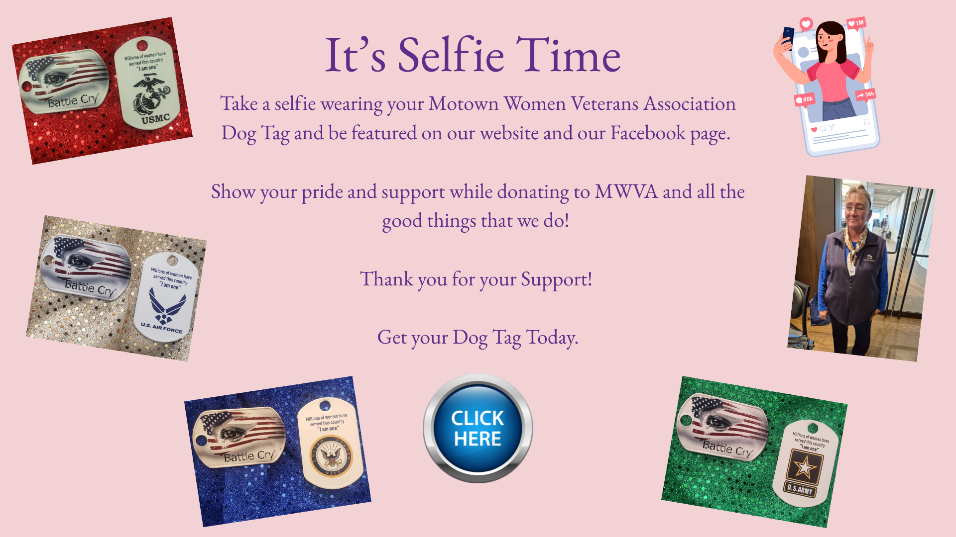 Selfie time flyer to buy the dog tag product