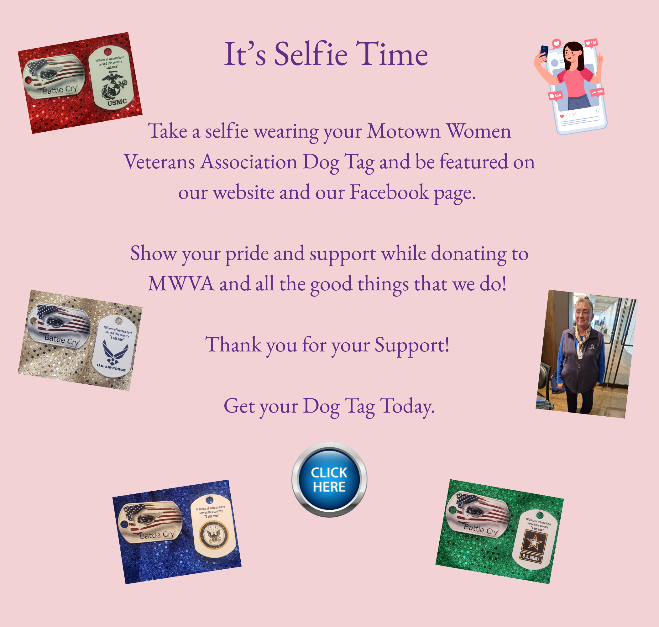 Its Selfie Time flyer to purchase Dog Tag Product with button